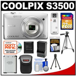 Nikon Coolpix S3500 Digital Camera (Silver) with 32GB Card + Battery &amp; Charger + Case + Tripod + Accessory Kit