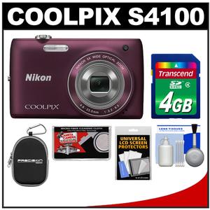 Nikon Coolpix S4100 Digital Camera (Plum) - Refurbished with 4GB Card + Case + Accessory Kit - Digital Cameras and Accessories - Hip Lens.com