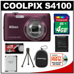 Nikon Coolpix S4100 Digital Camera (Plum) - Refurbished with 4GB Card + Battery + Case + Accessory Kit - Digital Cameras and Accessories - Hip Lens.com