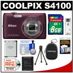 Nikon Coolpix S4100 Digital Camera (Plum) - Refurbished with 8GB Card + Battery + Case + Accessory Kit - Digital Cameras and Accessories - Hip Lens.com