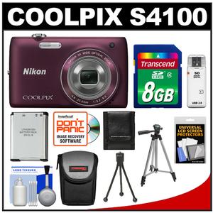 Nikon Coolpix S4100 Digital Camera (Plum) - Refurbished with 8GB Card + Battery + Case + Tripod + Accessory Kit - Digital Cameras and Accessories - Hip Lens.com