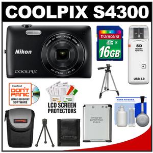 Nikon Coolpix S4300 Digital Camera (Black) with 16GB Card + Case + Battery + 2 Tripods + Accessory Kit - Digital Cameras and Accessories - Hip Lens.com