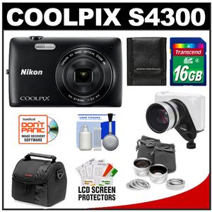 Nikon Coolpix S4300 Digital Camera (Black) with 16GB Card + Case + .45x Wide-Angle & 2.5x Telephoto Lens Set + Accessory Kit - Digital Cameras and Accessories - Hip Lens.com