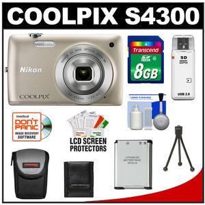 Nikon Coolpix S4300 Digital Camera (Silver) with 8GB Card + Case + Battery + Accessory Kit - Digital Cameras and Accessories - Hip Lens.com