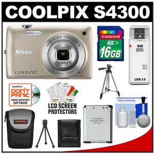 Nikon Coolpix S4300 Digital Camera (Silver) with 16GB Card + Case + Battery + 2 Tripods + Accessory Kit - Digital Cameras and Accessories - Hip Lens.com