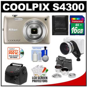 Nikon Coolpix S4300 Digital Camera (Silver) with 16GB Card + Case + .45x Wide-Angle & 2.5x Telephoto Lens Set + Accessory Kit - Digital Cameras and Accessories - Hip Lens.com