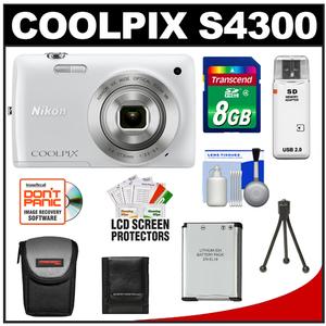 Nikon Coolpix S4300 Digital Camera (White) with 8GB Card + Case + Battery + Accessory Kit - Digital Cameras and Accessories - Hip Lens.com