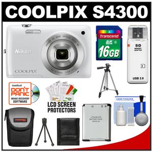 Nikon Coolpix S4300 Digital Camera (White) with 16GB Card + Case + Battery + 2 Tripods + Accessory Kit - Digital Cameras and Accessories - Hip Lens.com