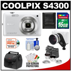 Nikon Coolpix S4300 Digital Camera (White) with 16GB Card + Case + .45x Wide-Angle & 2.5x Telephoto Lens Set + Accessory Kit - Digital Cameras and Accessories - Hip Lens.com