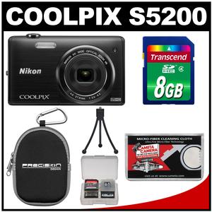 Nikon Coolpix S5200 Wi-Fi Digital Camera (Black) - Factory Refurbished with 8GB Card + Case + Flex Tripod + Accessory Kit