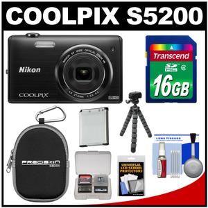 Nikon Coolpix S5200 Wi-Fi Digital Camera (Black) - Factory Refurbished with 16GB Card + Case + Battery + Flex Tripod + Accessory Kit