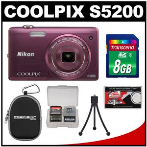 Nikon Coolpix S5200 Wi-Fi Digital Camera (Plum) - Factory Refurbished with 8GB Card + Case + Flex Tripod + Accessory Kit