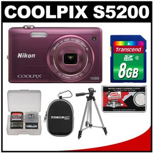 Nikon Coolpix S5200 Wi-Fi Digital Camera (Plum) - Factory Refurbished with 8GB Card + Case + Tripod + Accessory Kit