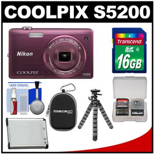 Nikon Coolpix S5200 Wi-Fi Digital Camera (Plum) - Factory Refurbished with 16GB Card + Case + Battery + Flex Tripod + Accessory Kit