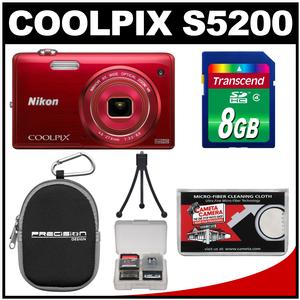 Nikon Coolpix S5200 Wi-Fi Digital Camera (Red) - Factory Refurbished with 8GB Card + Case + Flex Tripod + Accessory Kit