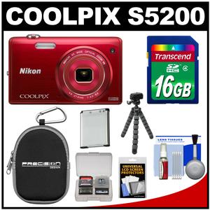 Nikon Coolpix S5200 Wi-Fi Digital Camera (Red) - Factory Refurbished with 16GB Card + Case + Battery + Flex Tripod + Accessory Kit