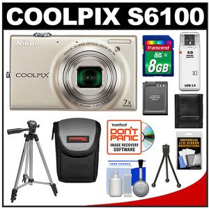 Nikon Coolpix S6100 Digital Camera (Silver) - Refurbished with 8GB Card + Battery + Case + Tripod + Accessory Kit - Digital Cameras and Accessories - Hip Lens.com