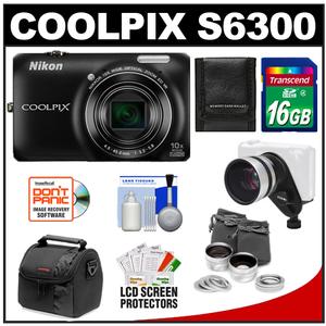 Nikon Coolpix S6300 Digital Camera (Black) with 16GB Card + Case + .45x Wide-Angle & 2.5x Telephoto Lens Set + Accessory Kit - Digital Cameras and Accessories - Hip Lens.com