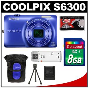Nikon Coolpix S6300 Digital Camera (Blue) with 8GB Card + Case + Tripod + Accessory Kit - Digital Cameras and Accessories - Hip Lens.com