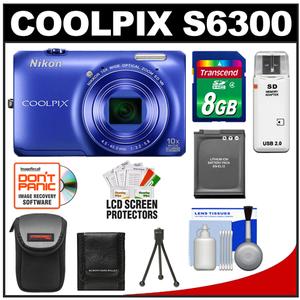 Nikon Coolpix S6300 Digital Camera (Blue) with 8GB Card + Battery + Case + Cleaning & Accessory Kit - Digital Cameras and Accessories - Hip Lens.com
