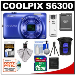Nikon Coolpix S6300 Digital Camera (Blue) with 16GB Card + Battery + Case + Tripod + Accessory Kit
