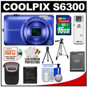 Nikon Coolpix S6300 Digital Camera (Blue) with 16GB Card + Battery + Case + Tripods + Accessory Kit - Digital Cameras and Accessories - Hip Lens.com