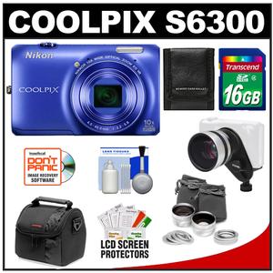 Nikon Coolpix S6300 Digital Camera (Blue) with 16GB Card + Case + .45x Wide-Angle & 2.5x Telephoto Lens Set + Accessory Kit - Digital Cameras and Accessories - Hip Lens.com