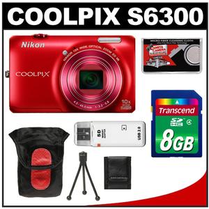 Nikon Coolpix S6300 Digital Camera (Red) with 8GB Card + Case + Tripod + Accessory Kit - Digital Cameras and Accessories - Hip Lens.com