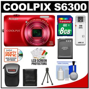 Nikon Coolpix S6300 Digital Camera (Red) with 8GB Card + Battery + Case + Cleaning & Accessory Kit - Digital Cameras and Accessories - Hip Lens.com