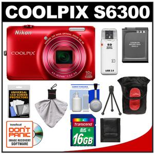 Nikon Coolpix S6300 Digital Camera (Red) with 16GB Card + Battery + Case + Tripod + Accessory Kit - Digital Cameras and Accessories - Hip Lens.com