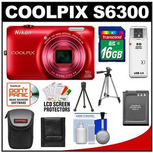 Nikon Coolpix S6300 Digital Camera (Red) with 16GB Card + Battery + Case + Tripods + Accessory Kit - Digital Cameras and Accessories - Hip Lens.com