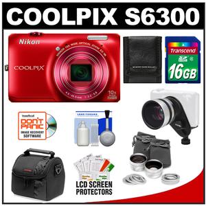 Nikon Coolpix S6300 Digital Camera (Red) with 16GB Card + Case + .45x Wide-Angle & 2.5x Telephoto Lens Set + Accessory Kit - Digital Cameras and Accessories - Hip Lens.com