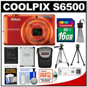 Nikon Coolpix S6500 Wi-Fi Digital Camera (Orange) with 16GB Card + Case + Battery + Tripods + Accessory Kit