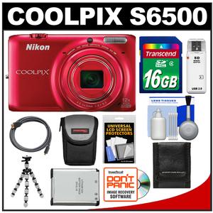 Nikon Coolpix S6500 Wi-Fi Digital Camera (Red) with 16GB Card + Case + Battery + Flex Tripod + HDMI Cable + Accessory Kit