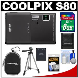 Nikon Coolpix S80 Digital Camera (Black) - Refurbished with 8GB Card + Battery + ZE-DC1 Case + Travel Tripod + Accessory Kit - Digital Cameras and Accessories - Hip Lens.com