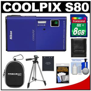 Nikon Coolpix S80 Digital Camera (Blue) - Refurbished with 8GB Card + Battery + ZE-DC1 Case + Travel Tripod + Accessory Kit - Digital Cameras and Accessories - Hip Lens.com