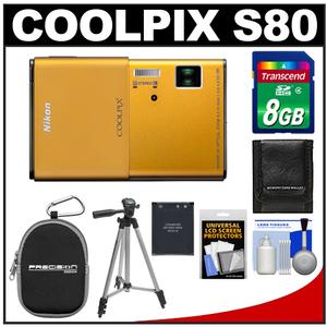Nikon Coolpix S80 Digital Camera (Gold) - Refurbished with 8GB Card + Battery + ZE-DC1 Case + Travel Tripod + Accessory Kit - Digital Cameras and Accessories - Hip Lens.com