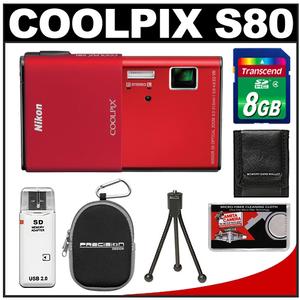 Nikon Coolpix S80 Digital Camera (Red) - Refurbished with 8GB Card + Case + Accessory Kit - Digital Cameras and Accessories - Hip Lens.com