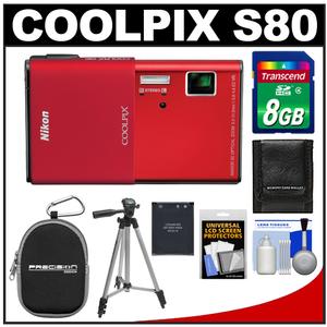 Nikon Coolpix S80 Digital Camera (Red) - Refurbished with 8GB Card + Battery + Case + Travel Tripod + Accessory Kit - Digital Cameras and Accessories - Hip Lens.com