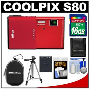 Nikon Coolpix S80 Digital Camera (Red) - Refurbished with 16GB Card + Battery + Case + Travel Tripod + Accessory Kit - Digital Cameras and Accessories - Hip Lens.com