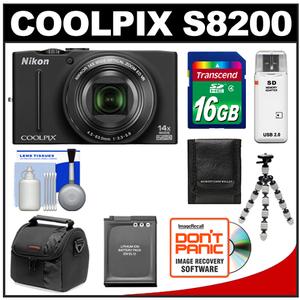 Nikon Coolpix S8200 Digital Camera (Black) - Refurbished with 16GB Card + Battery + Case + Flex Tripod + Accessory Kit - Digital Cameras and Accessories - Hip Lens.com