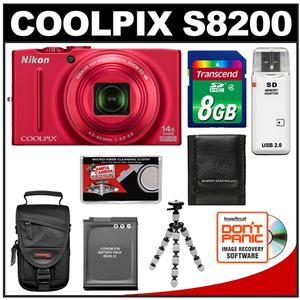 Nikon Coolpix S8200 Digital Camera (Red) - Refurbished with 8GB Card + Battery + Case + Flex Tripod + Accessory Kit - Digital Cameras and Accessories - Hip Lens.com