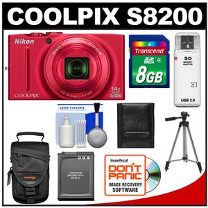 Nikon Coolpix S8200 Digital Camera (Red) - Refurbished with 8GB Card + Battery + Case + Tripod + Accessory Kit - Digital Cameras and Accessories - Hip Lens.com