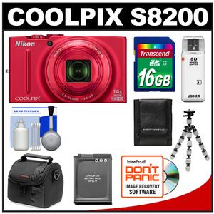 Nikon Coolpix S8200 Digital Camera (Red) - Refurbished with 16GB Card + Battery + Case + Flex Tripod + Accessory Kit - Digital Cameras and Accessories - Hip Lens.com