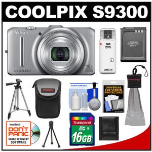 Nikon Coolpix S9300 GPS Digital Camera (Silver) with 16GB Card + Battery + Case + 2 Tripods + Accessory Kit - Digital Cameras and Accessories - Hip Lens.com