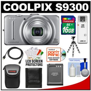 Nikon Coolpix S9300 GPS Digital Camera (Silver) with 16GB Card + Battery + Case + Flex Tripod + HDMI Cable + Accessory Kit - Digital Cameras and Accessories - Hip Lens.com