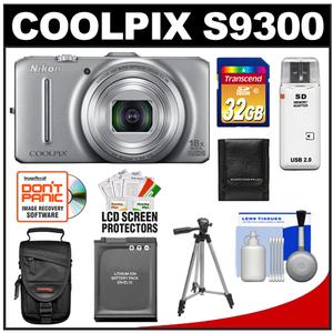 Nikon Coolpix S9300 GPS Digital Camera (Silver) with 32GB Card + Battery + Case + Tripod + Accessory Kit - Digital Cameras and Accessories - Hip Lens.com