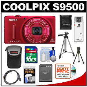 Nikon Coolpix S9500 Wi-Fi GPS Digital Camera (Red) with 16GB Card + Battery + Case + Tripods + HDMI Cable + Accessory Kit