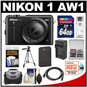 Nikon 1 AW1 Shock & Waterproof Digital Camera Body with AW 11-27.5mm Lens (Black) with 64GB Card + Case + Battery & Charger + Tripod + Accessory Kit
