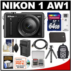 Nikon 1 AW1 Shock & Waterproof Digital Camera Body with AW 11-27.5mm Lens (Black) with 64GB Card + Sling Backpack + Battery & Charger + Flex Tripod + Accessory Kit